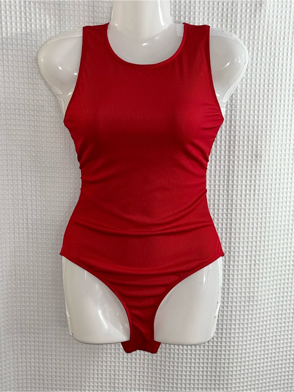 Ladies Red Ribbed high neck one piece size medium